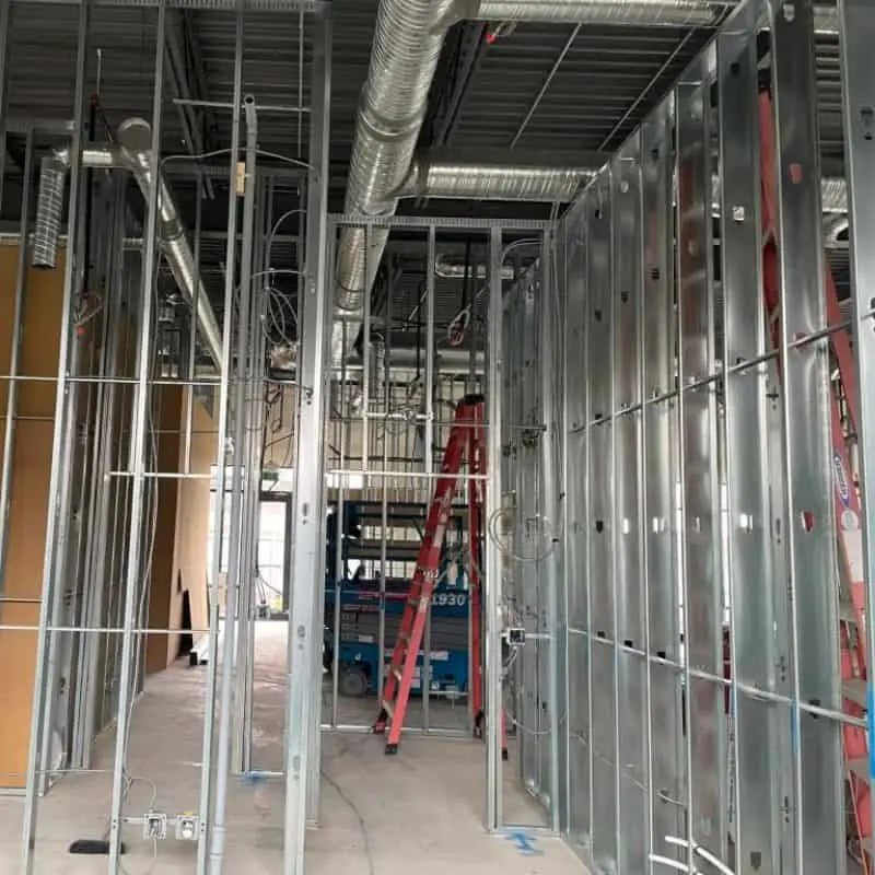 a finished steel framing job prior to drywall installation